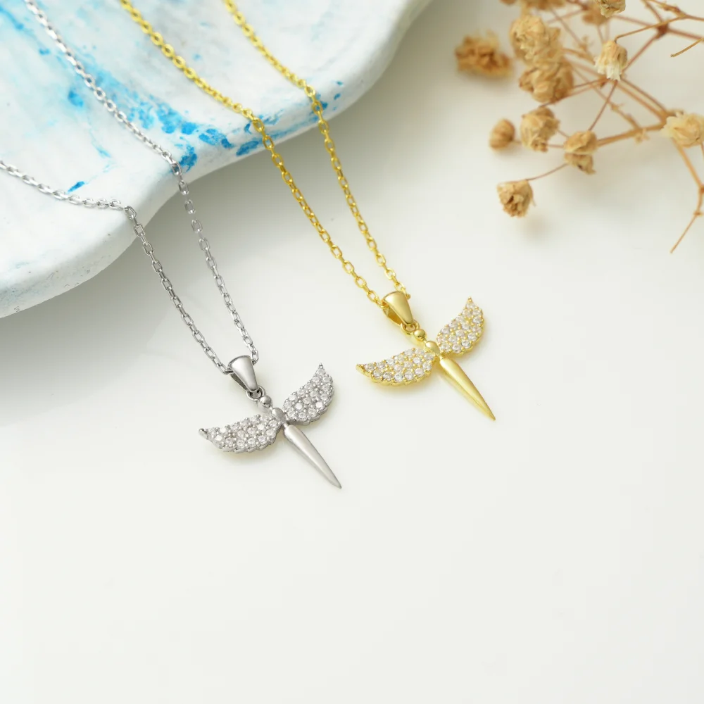 925 Ayar Gümüş Taşlı Melek Kanadı Uçlu Kolye