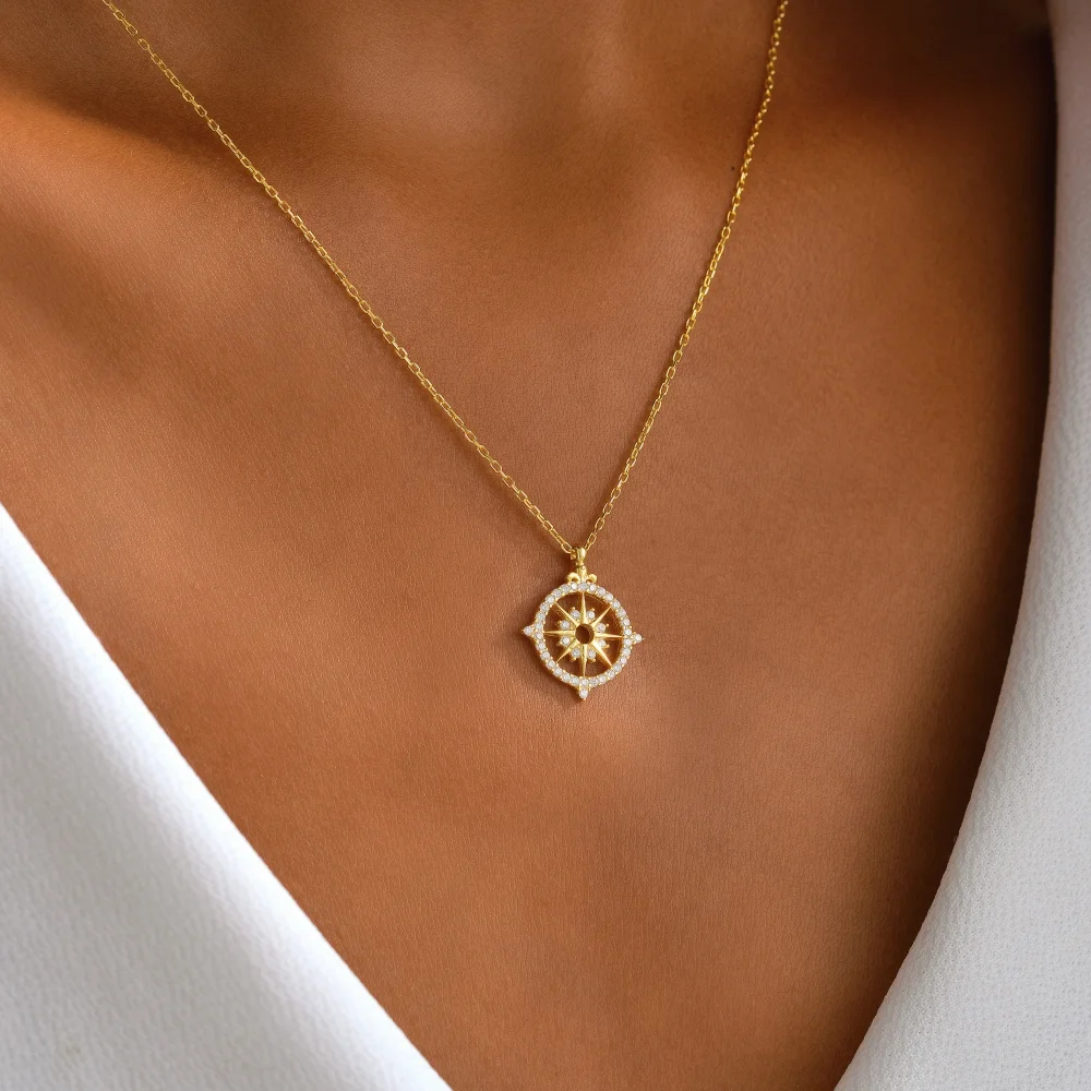 925 Ayar Gümüş Taşlı Pusula Kolye