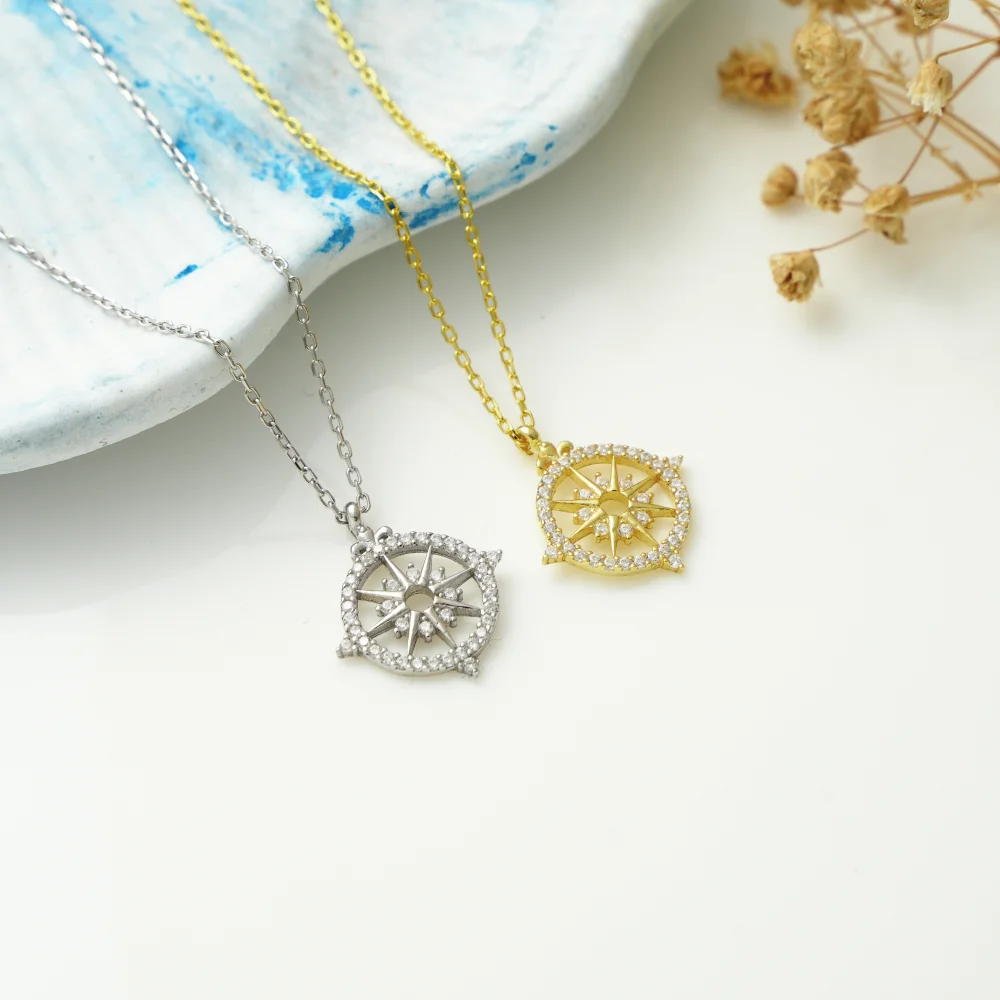 925 Ayar Gümüş Taşlı Pusula Kolye