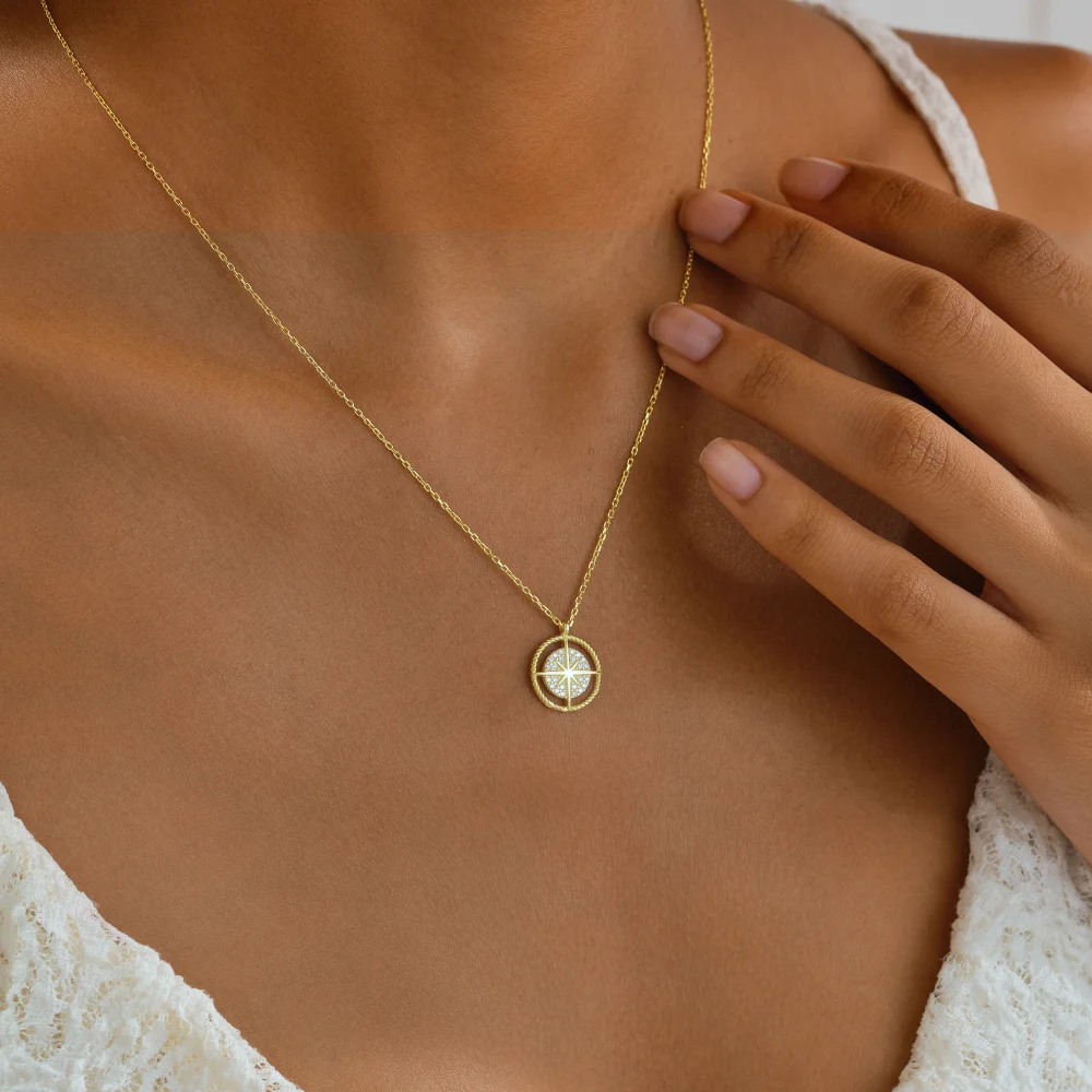 925 Ayar Gümüş Taşlı Pusula Kolye