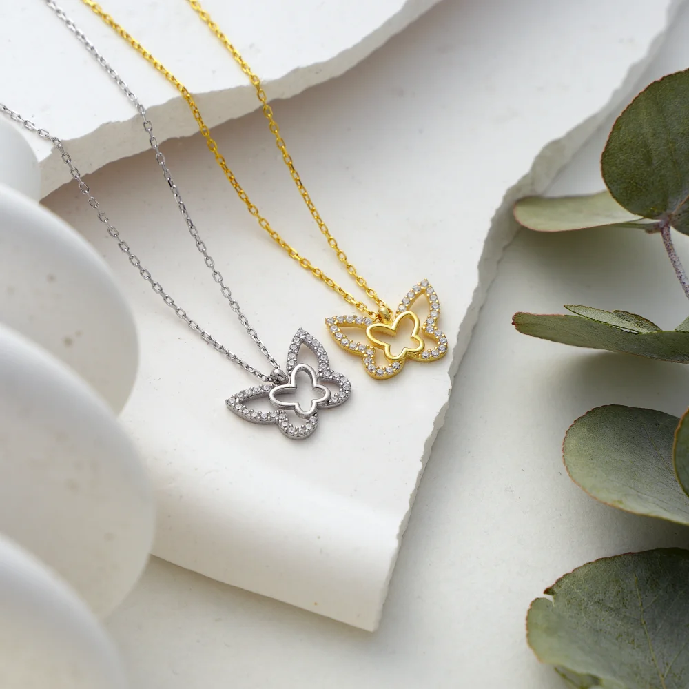 925 Ayar Gümüş Taşlı Zarif Kelebek Kolye