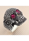 925 Ayar Gümüş Ruby Yakut Taşlı Kuru Kafa Motifli Gothik Tasarım Taşsız Erkek Yüzük