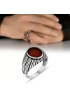 925 Ayar Gümüş Kırmızı Akik Taşlı Çizgili Serçe Parmak Yüzüğü