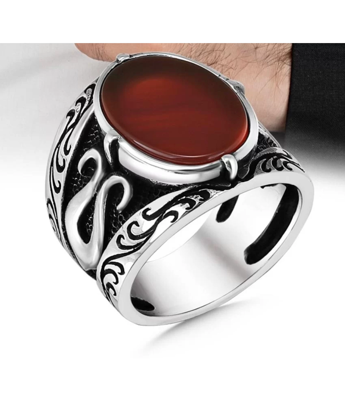 925 Ayar Gümüş Kırmızı Akik Taşlı Oval Erkek Yüzük