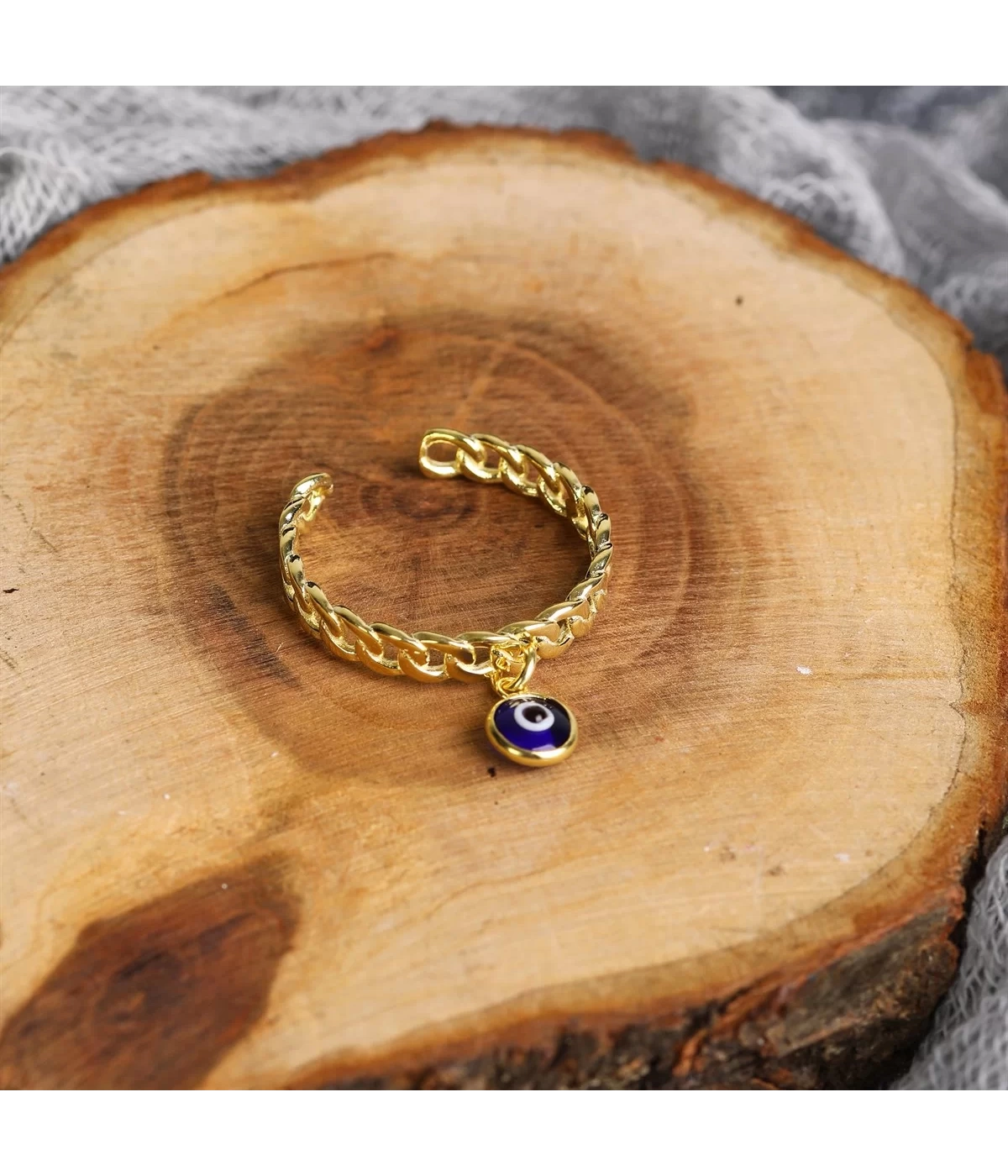 925 Ayar Gümüş Ayarlanabilir Halat Motifli Göz Detaylı Kadın Yüzük - Gold