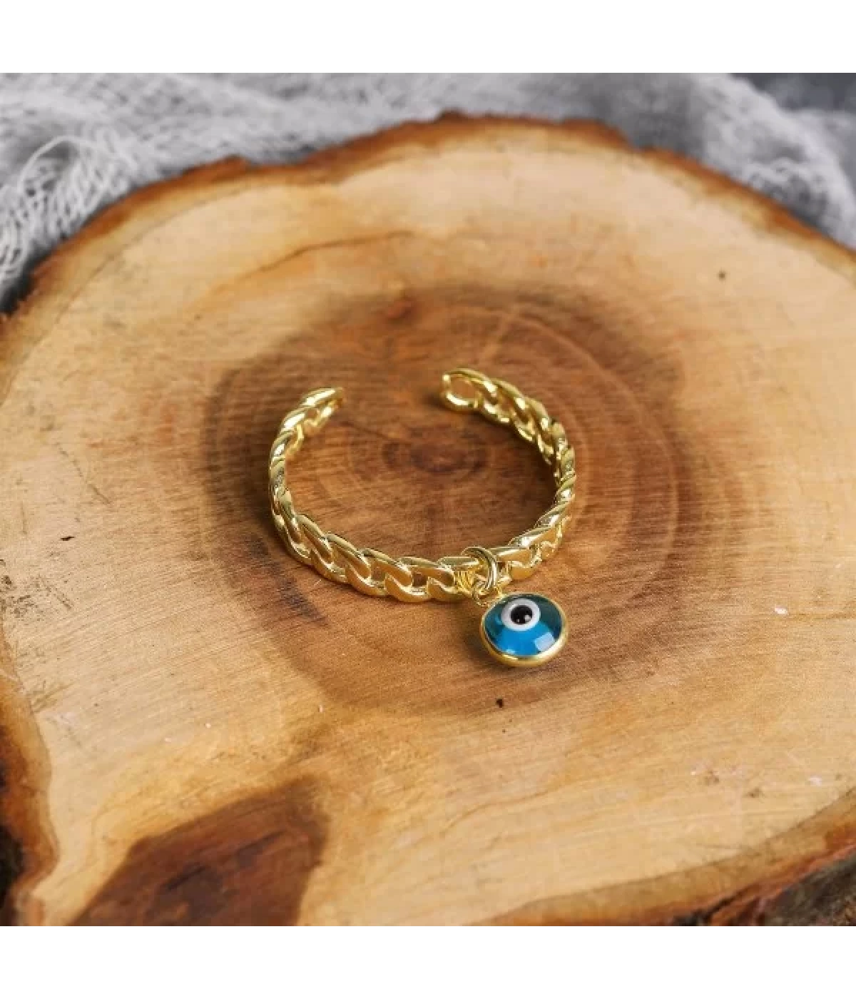 925 Ayar Gümüş Ayarlanabilir Halat Motifli Göz Detaylı Kadın Yüzük - Gold