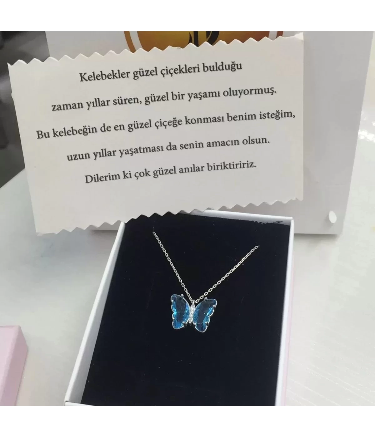 925 Ayar Gümüş Parlak Taşlı Kelebek Kolye - Rose Gold