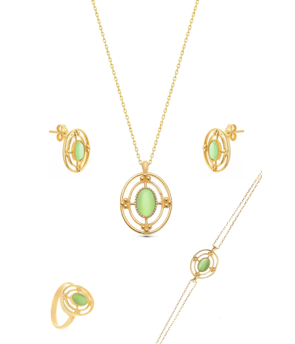 925 Ayar Gümüş Yeşil Kedi Gözü Taşlı Set - Gold