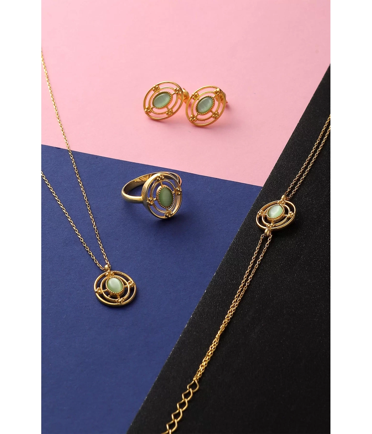 925 Ayar Gümüş Yeşil Kedi Gözü Taşlı Set - Gold