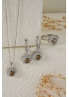 925 Ayar Gümüş Zirkon Taşı Süslemeli Yuvarlak Zultanite Taşlı Set - Silver