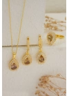 925 Ayar Gümüş Zirkon Taşı Süslemeli Damla Zultanite Taşlı Set- Gold