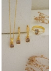 925 Ayar Gümüş Zirkon Taşı Süslemeli Damla Zultanite Taşlı Set- Gold