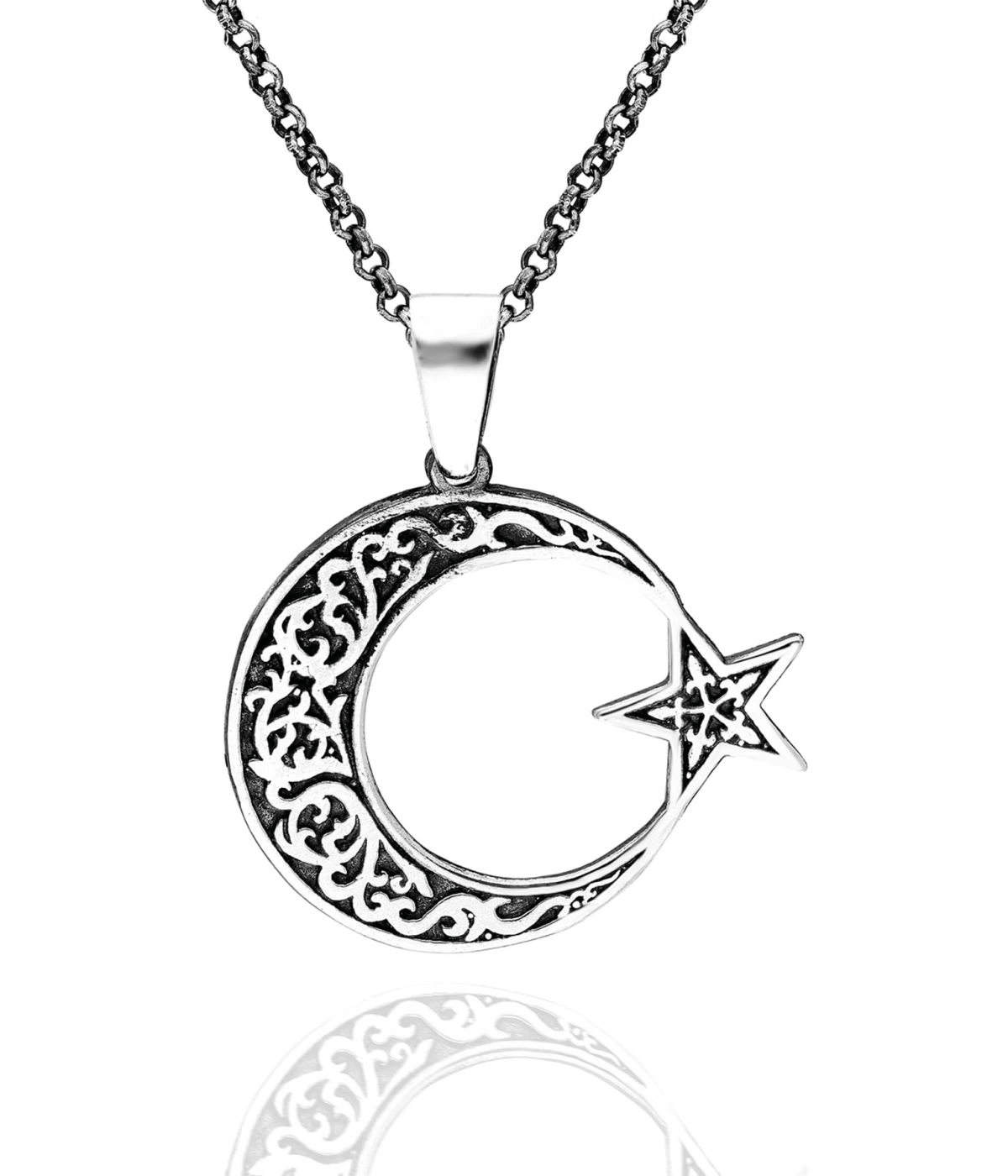 925 Ayar Gümüş Desenli Ay Yıldız Kolye