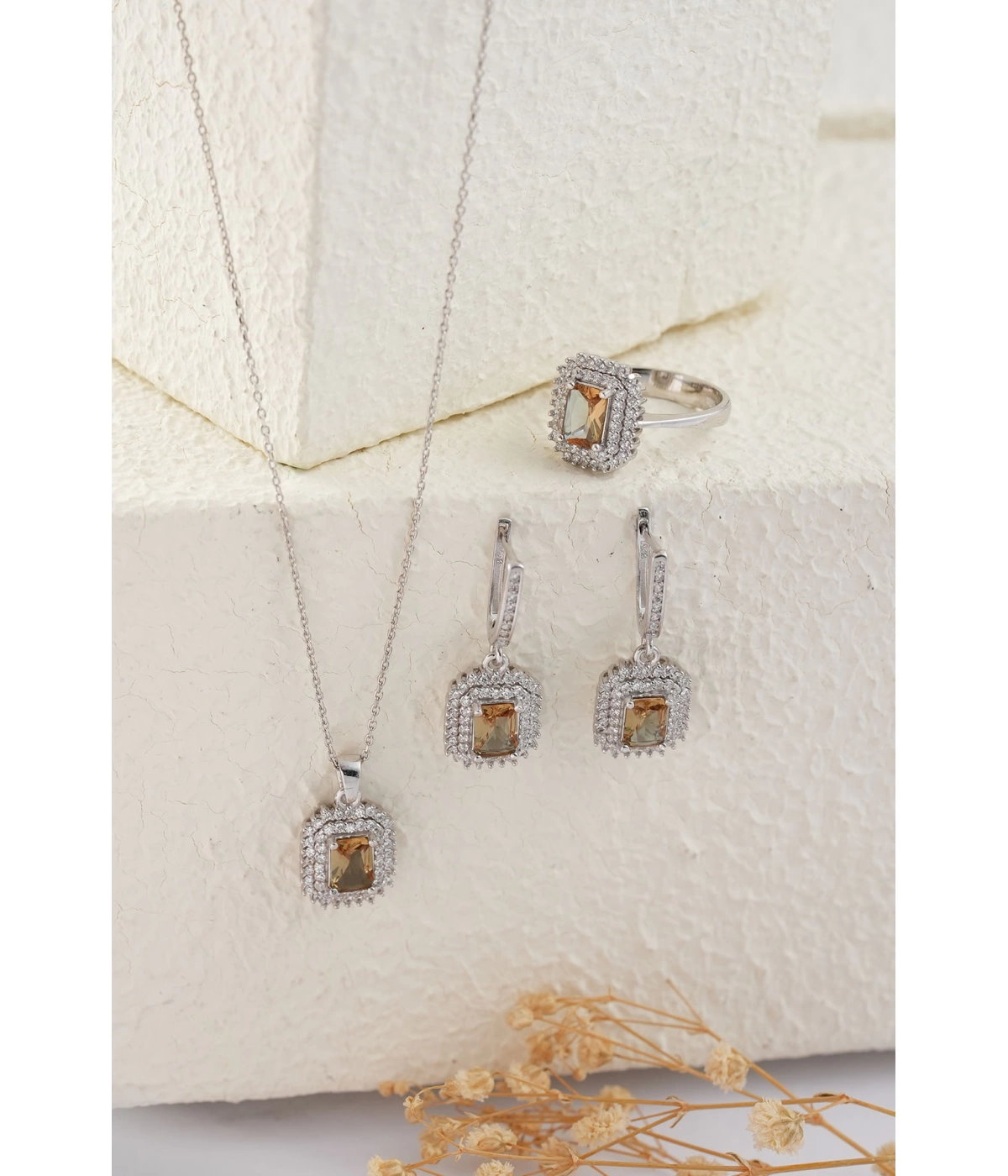 925 Ayar Gümüş Zirkon Taşı Süslemeli Baget Zultanite Taşlı Set - Silver