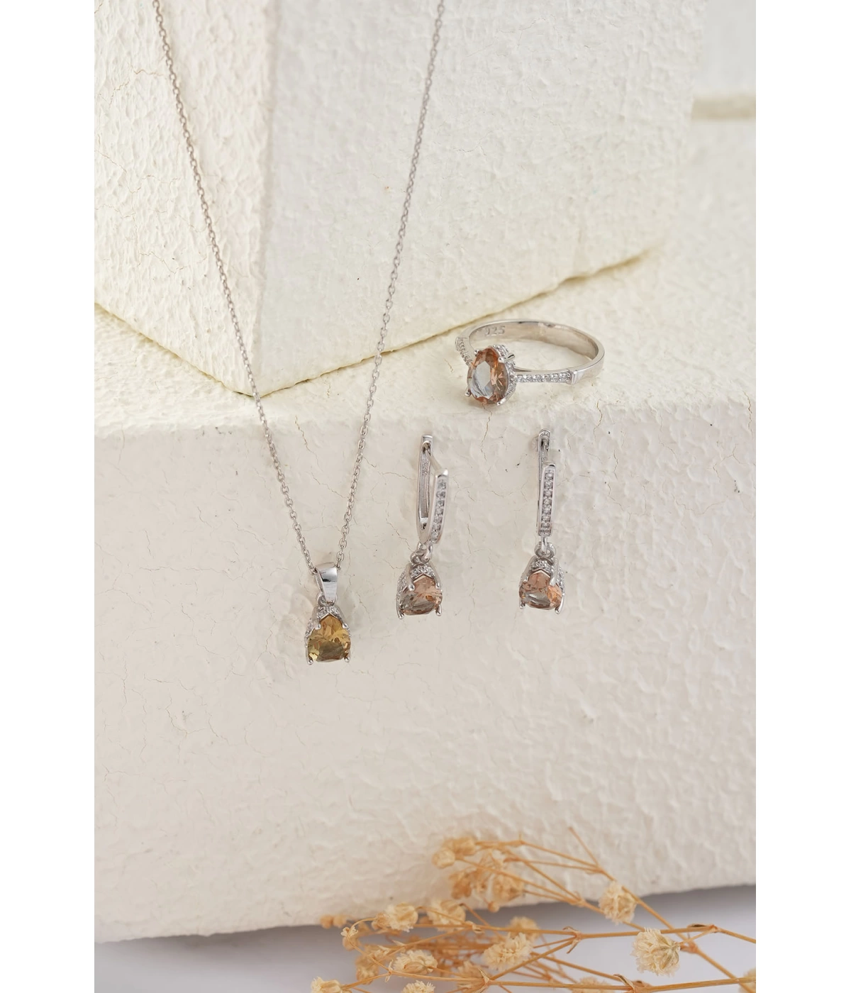 925 Ayar Gümüş Zirkon Taşı Süslemeli Damla Zultanite Taşlı Set - Silver