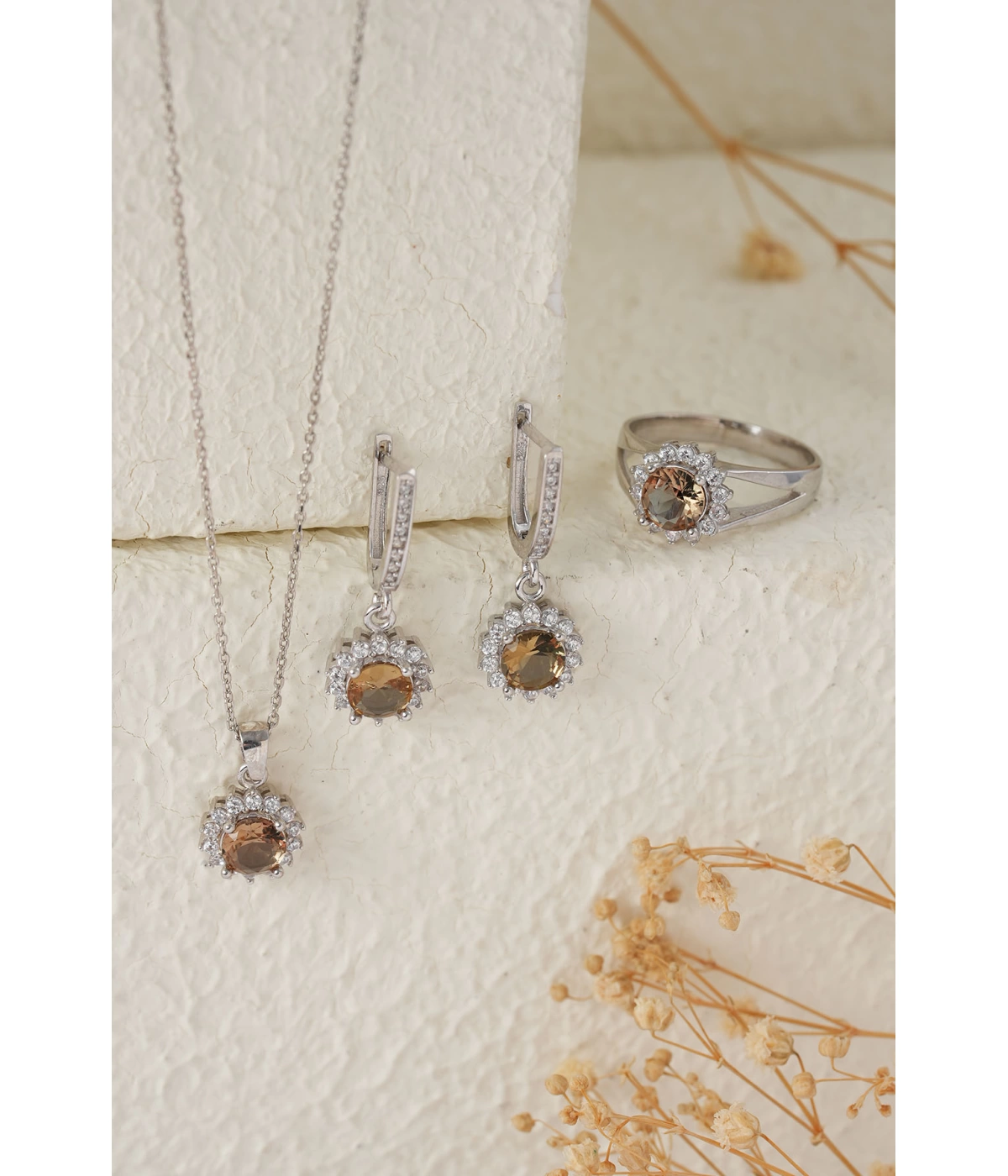 925 Ayar Gümüş Zirkon Taşı Süslemeli Yuvarlak Zultanite Taşlı Set - Silver