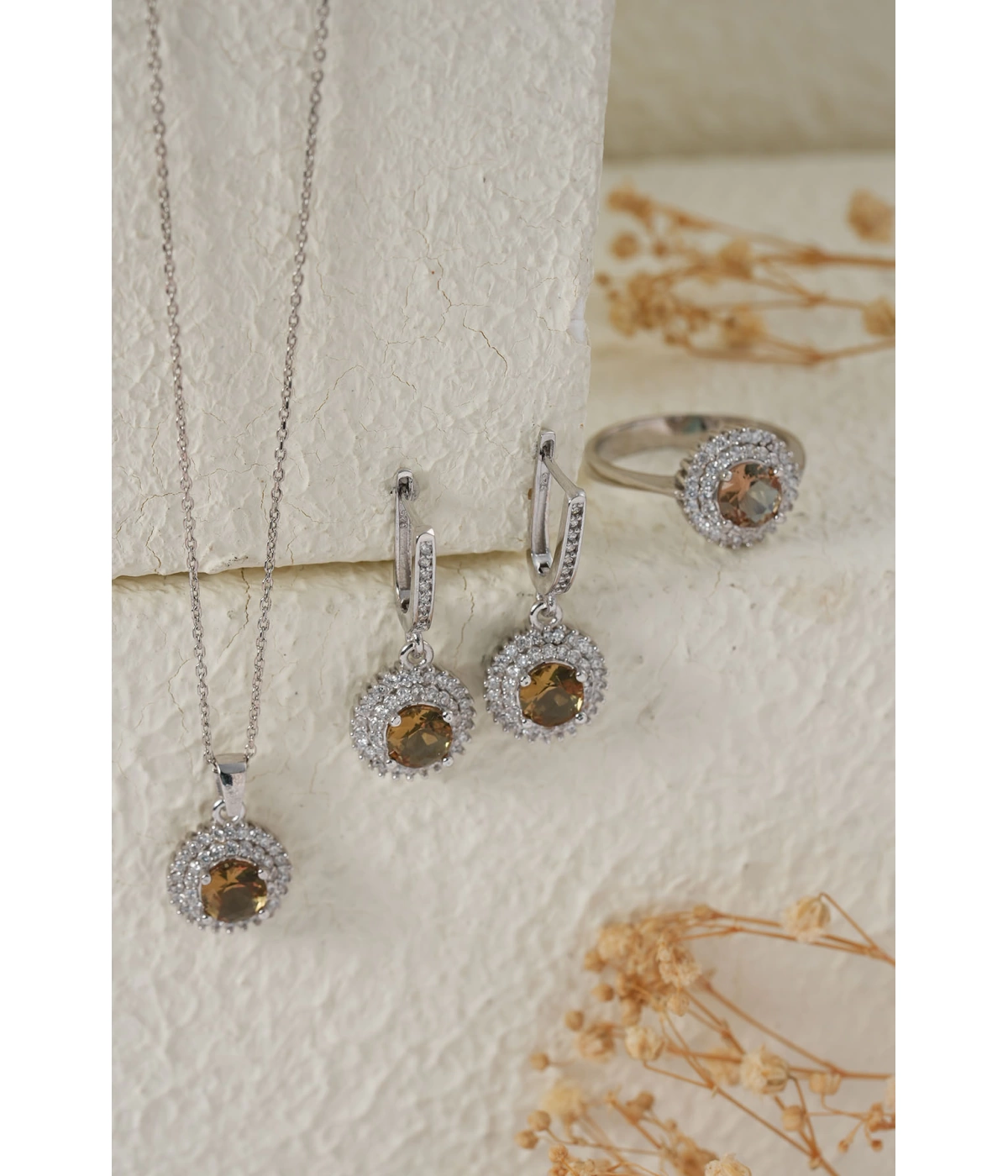 925 Ayar Gümüş Zirkon Taşı Süslemeli Yuvarlak Zultanite Taşlı Set - Silver