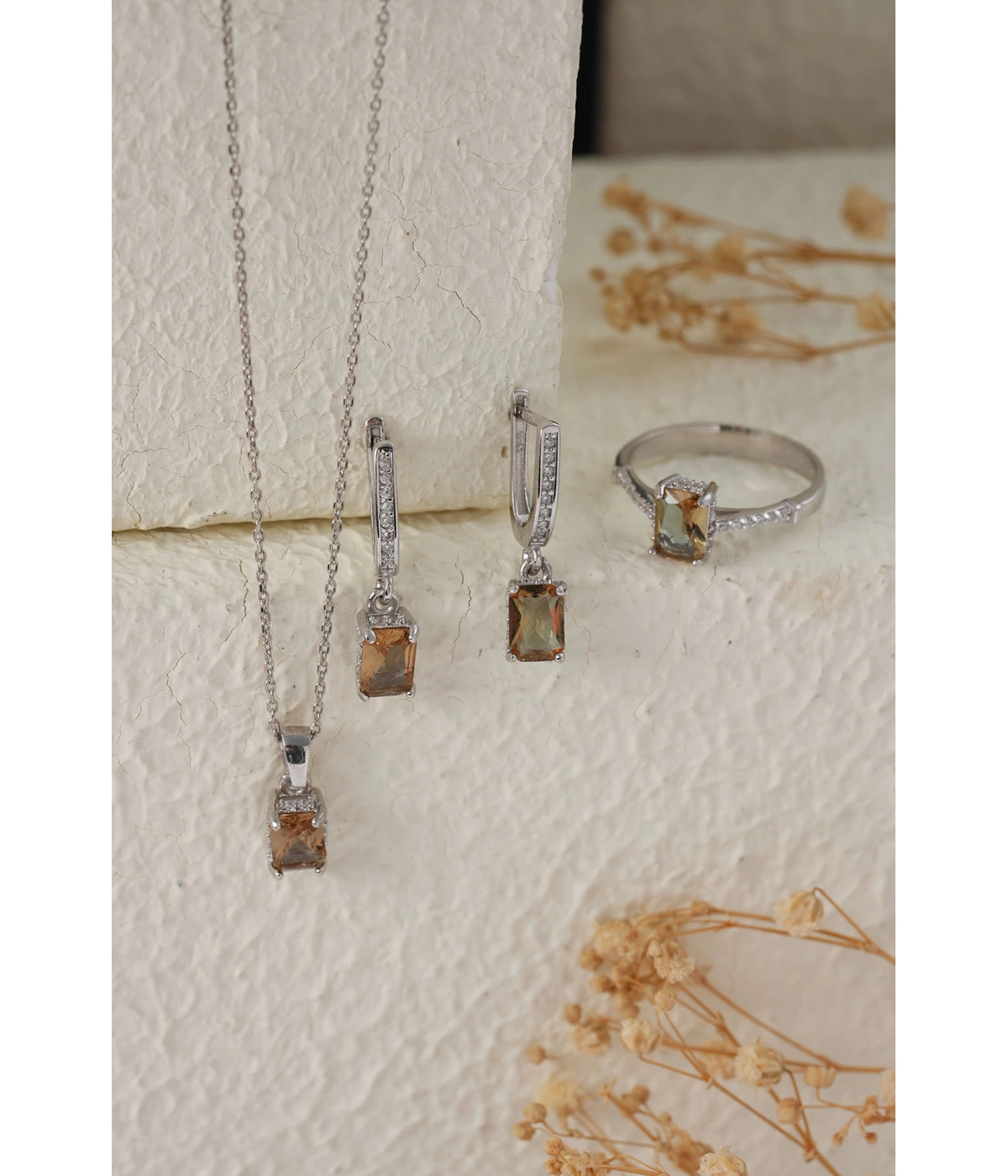 925 Ayar Gümüş Zirkon Taşı Süslemeli Baget Zultanite Taşlı Set - Silver