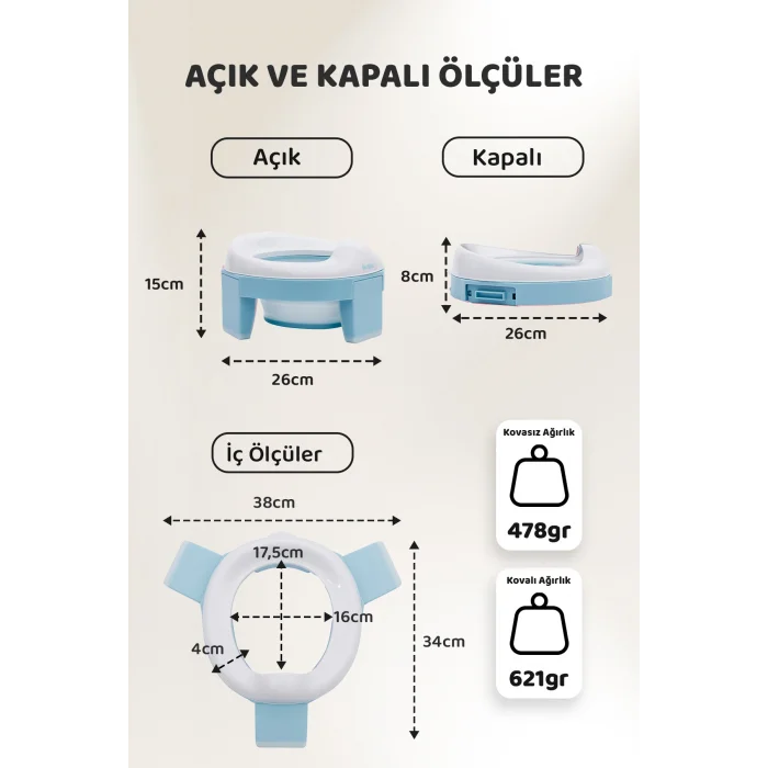 Lazımlık, Portatif Katlanabilir Taşınabilir Seyahat Çocuk Tuvaleti, Klozet Adaptörü, Mavi