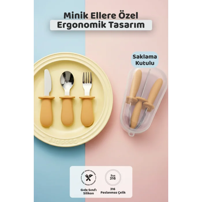 Silikon Saplı Bebek Çelik Çatal Kaşık Bıçak Seti, 316L Çelik, BLW, Saklama Kutulu, Turuncu