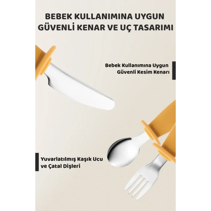 Silikon Saplı Bebek Çelik Çatal Kaşık Bıçak Seti, 316L Çelik, BLW, Saklama Kutulu, Turuncu