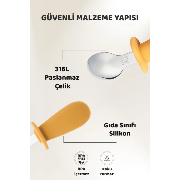 Silikon Saplı Bebek Çelik Çatal Kaşık Bıçak Seti, 316L Çelik, BLW, Saklama Kutulu, Turuncu