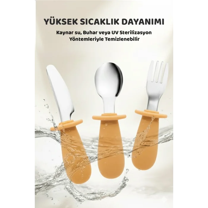 Silikon Saplı Bebek Çelik Çatal Kaşık Bıçak Seti, 316L Çelik, BLW, Saklama Kutulu, Turuncu