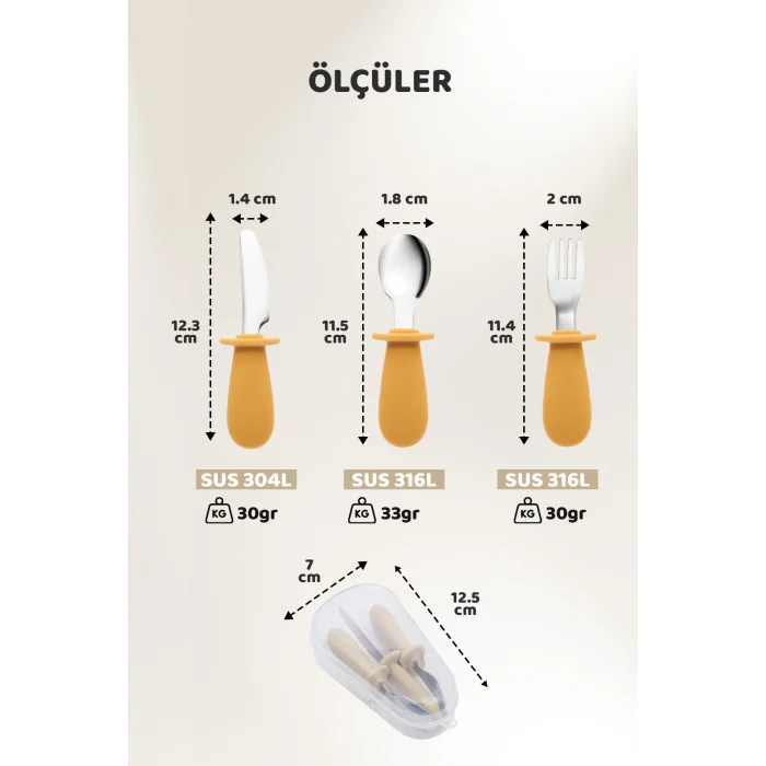 Silikon Saplı Bebek Çelik Çatal Kaşık Bıçak Seti, 316L Çelik, BLW, Saklama Kutulu, Turuncu