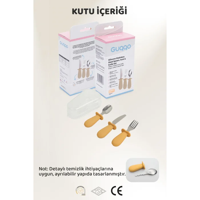 Silikon Saplı Bebek Çelik Çatal Kaşık Bıçak Seti, 316L Çelik, BLW, Saklama Kutulu, Turuncu