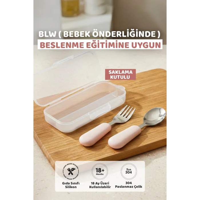 Silikon Saplı Paslanmaz Çelik Çatal Kaşık Seti, 18+ Ay, Pembe