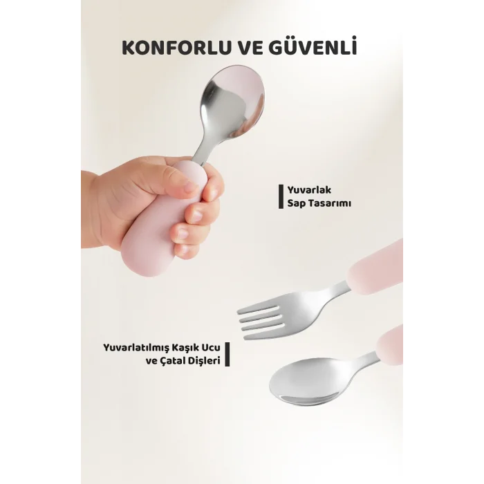 Silikon Saplı Paslanmaz Çelik Çatal Kaşık Seti, 18+ Ay, Pembe
