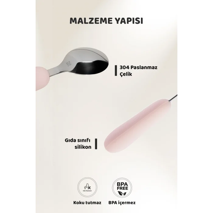 Silikon Saplı Paslanmaz Çelik Çatal Kaşık Seti, 18+ Ay, Pembe