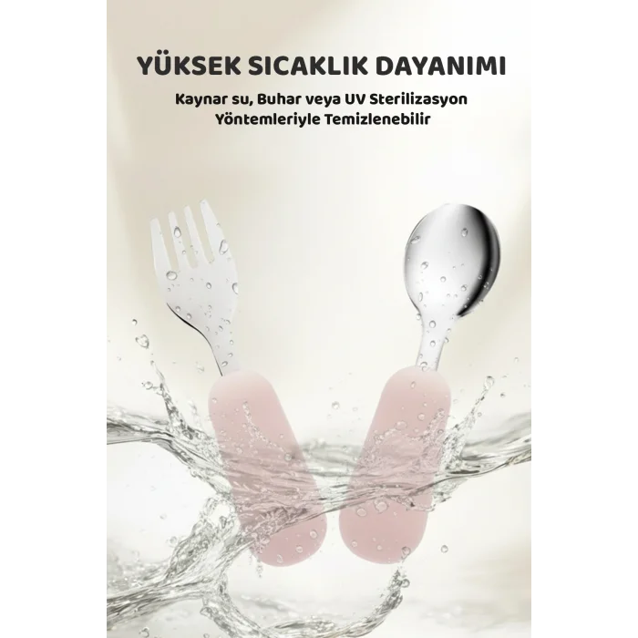 Silikon Saplı Paslanmaz Çelik Çatal Kaşık Seti, 18+ Ay, Pembe