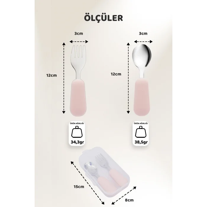 Silikon Saplı Paslanmaz Çelik Çatal Kaşık Seti, 18+ Ay, Pembe