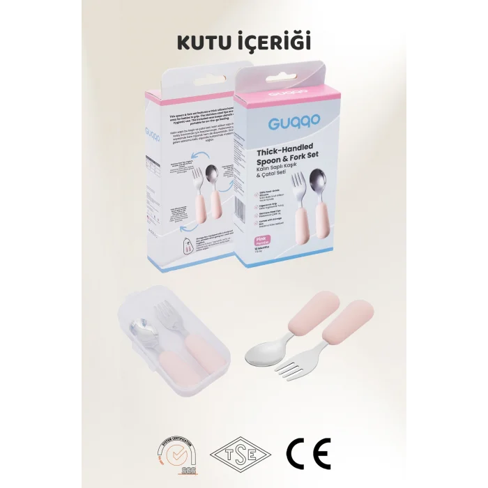Silikon Saplı Paslanmaz Çelik Çatal Kaşık Seti, 18+ Ay, Pembe