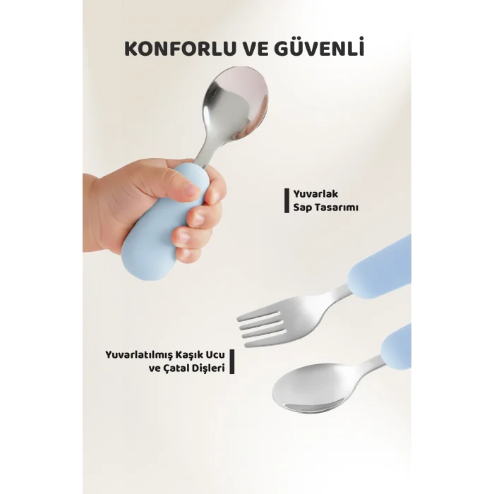 Silikon Saplı Paslanmaz Çelik Çatal Kaşık Seti, 18+ Ay, Mavi