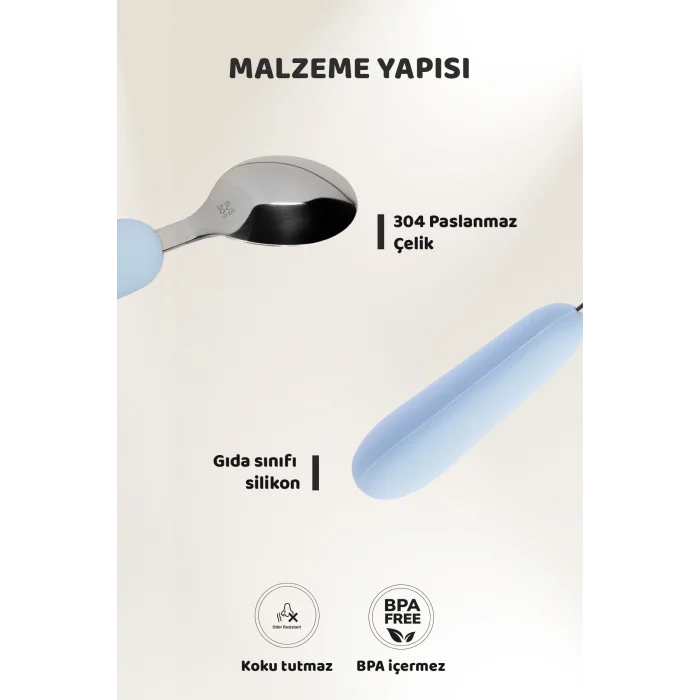 Silikon Saplı Paslanmaz Çelik Çatal Kaşık Seti, 18+ Ay, Mavi