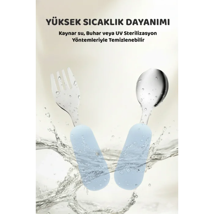 Silikon Saplı Paslanmaz Çelik Çatal Kaşık Seti, 18+ Ay, Mavi