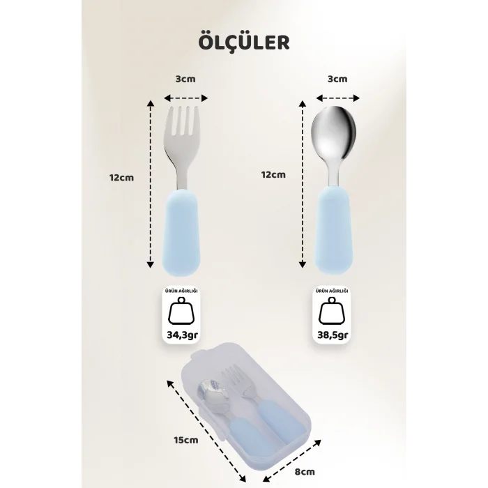 Silikon Saplı Paslanmaz Çelik Çatal Kaşık Seti, 18+ Ay, Mavi