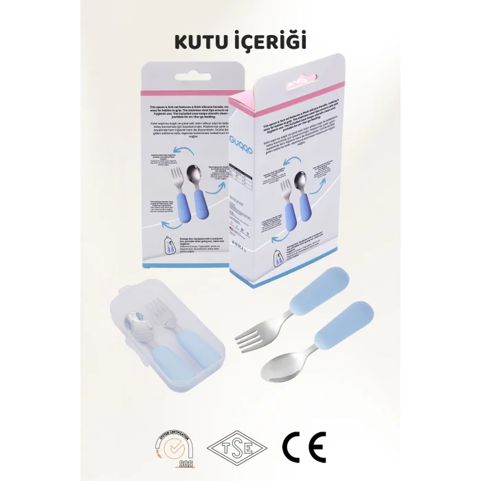 Silikon Saplı Paslanmaz Çelik Çatal Kaşık Seti, 18+ Ay, Mavi