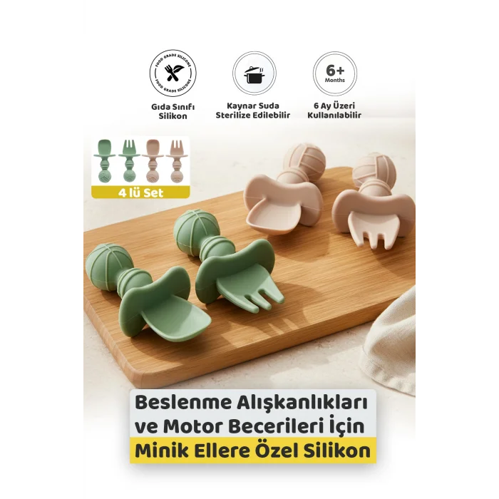 Silikon Bebek Kaşık Çatal Seti 4’lü, BLW, Gıda Sınıfı Silikon, Krem Yeşil