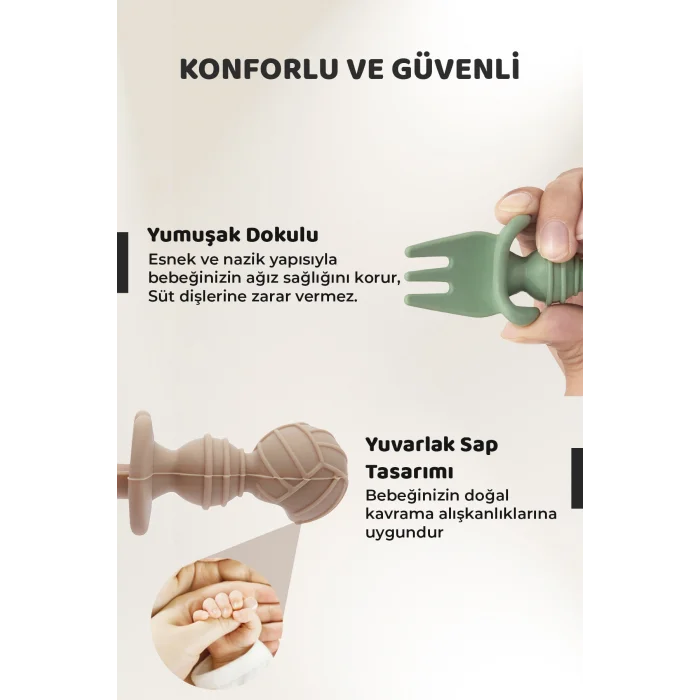 Silikon Bebek Kaşık Çatal Seti 4’lü, BLW, Gıda Sınıfı Silikon, Krem Yeşil