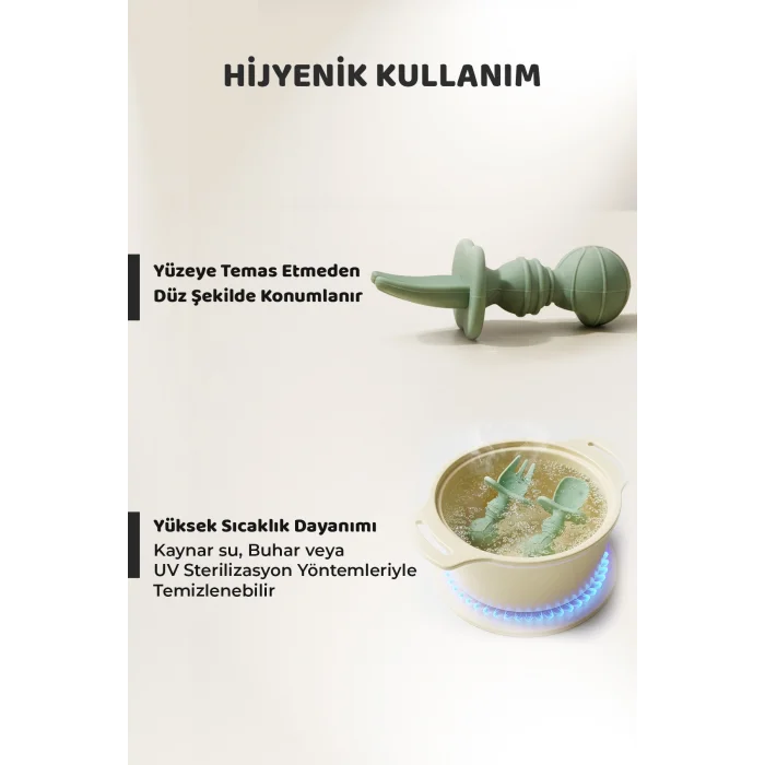Silikon Bebek Kaşık Çatal Seti 4’lü, BLW, Gıda Sınıfı Silikon, Krem Yeşil
