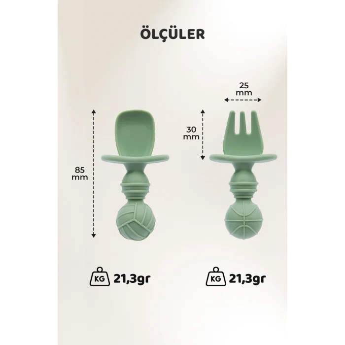 Silikon Bebek Kaşık Çatal Seti 4’lü, BLW, Gıda Sınıfı Silikon, Krem Yeşil