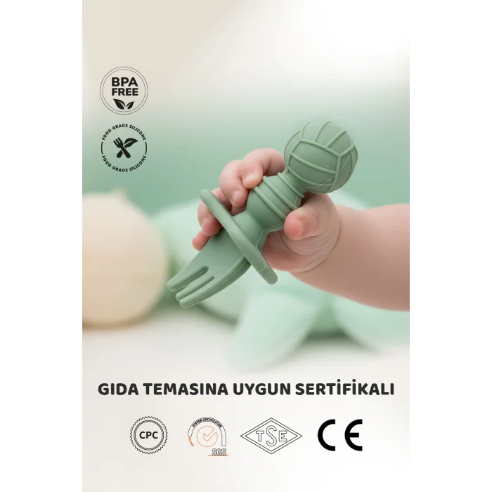 Silikon Bebek Kaşık Çatal Seti 4’lü, BLW, Gıda Sınıfı Silikon, Krem Yeşil