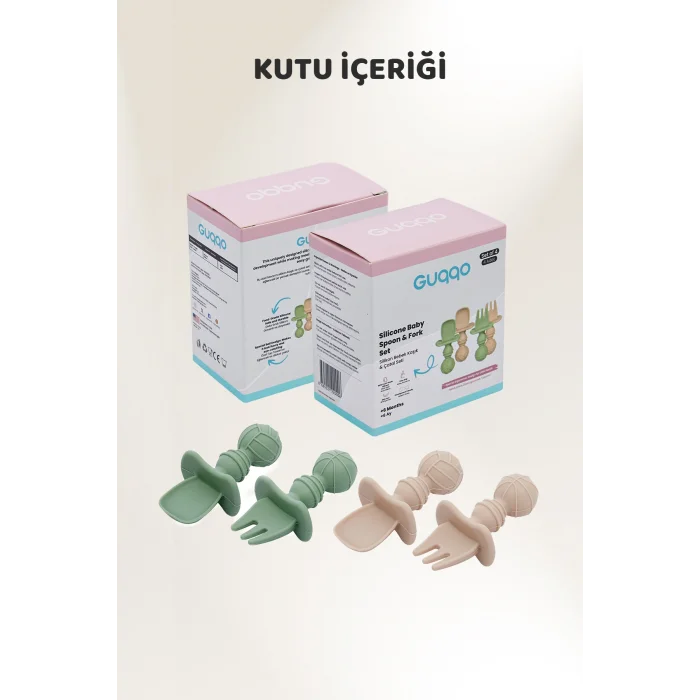 Silikon Bebek Kaşık Çatal Seti 4’lü, BLW, Gıda Sınıfı Silikon, Krem Yeşil