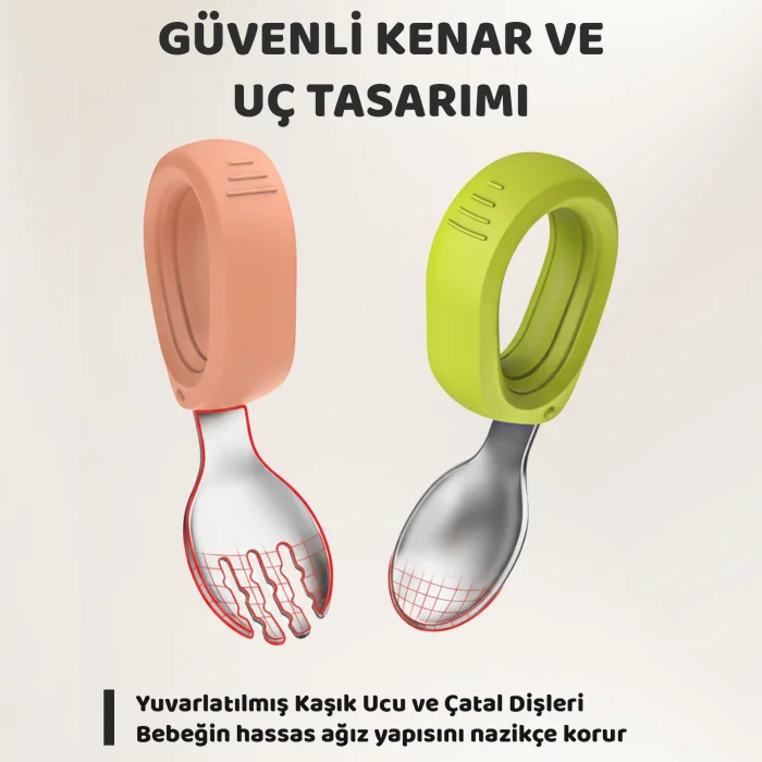 Bebek Çatal Kaşık Seti, Paslanmaz Çelik, Silikon Saplı, Pudra Yeşil
