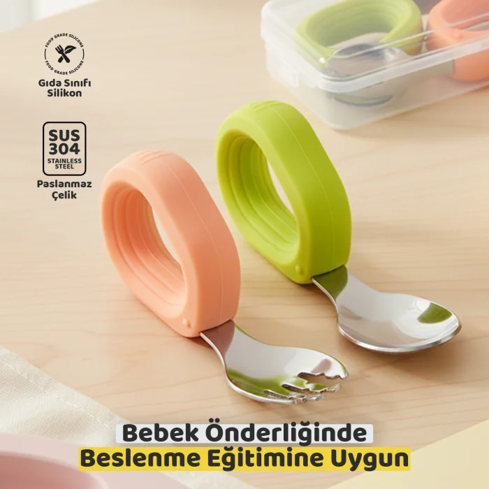 Bebek Çatal Kaşık Seti, Paslanmaz Çelik, Silikon Saplı, Pudra Yeşil