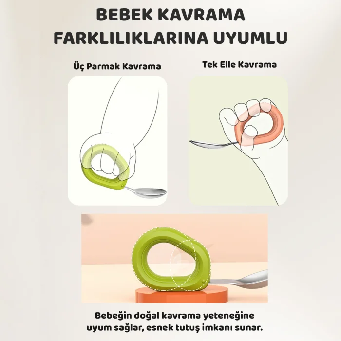 Bebek Çatal Kaşık Seti, Paslanmaz Çelik, Silikon Saplı, Pudra Yeşil