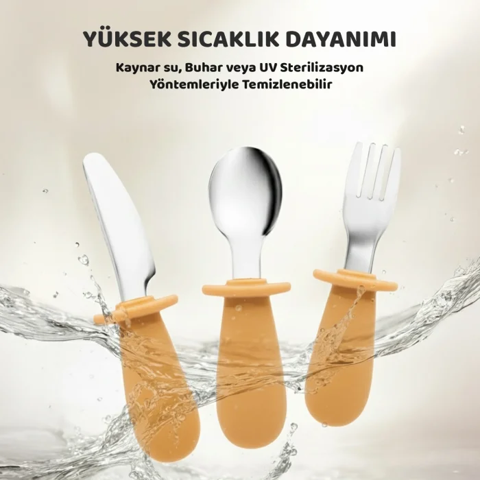 Silikon Saplı Bebek Çelik Çatal Kaşık Bıçak Seti, 316L Çelik, BLW, Saklama Kutulu, Turuncu